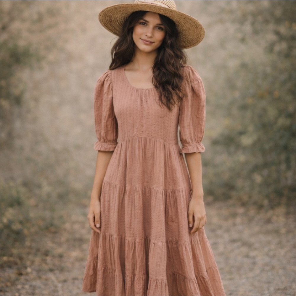 Cottagecore Pink Dress Pleated Tiered Eyelet Cotton Puff Sleeves Romantic Sz L